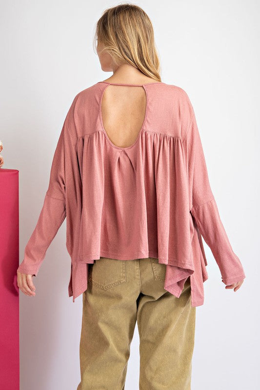 Flowy Long Sleeve Cotton Top - Dusty Rose