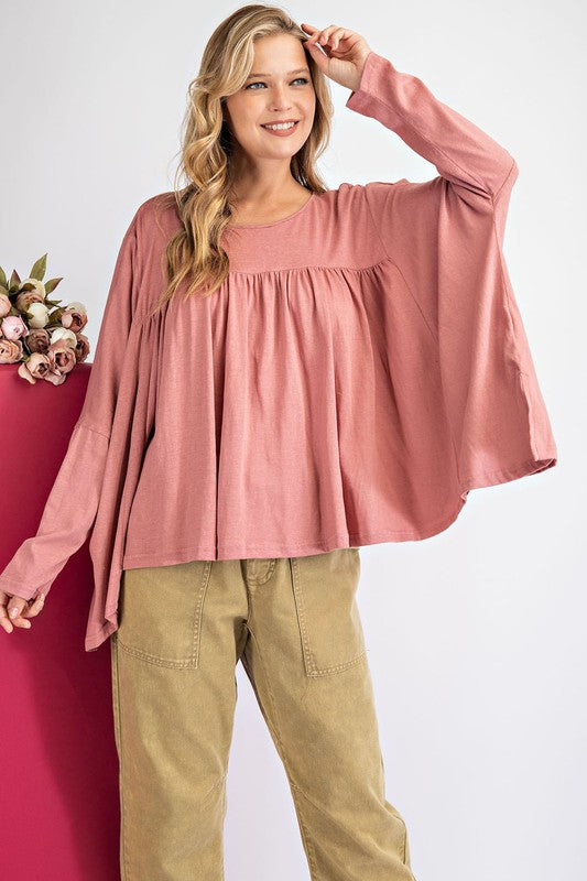 Flowy Long Sleeve Cotton Top - Dusty Rose