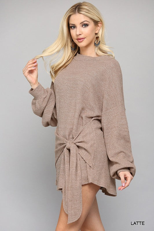 Waffle Knit Tie Front Top - Latte