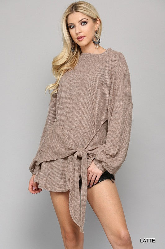 Waffle Knit Tie Front Top - Latte