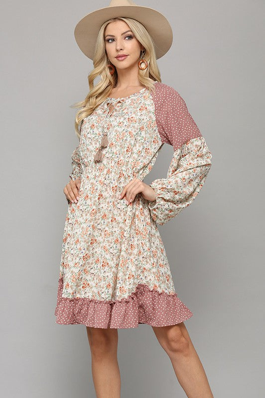 Floral & Dot Ruffle Hem Dress - Size S-2XL