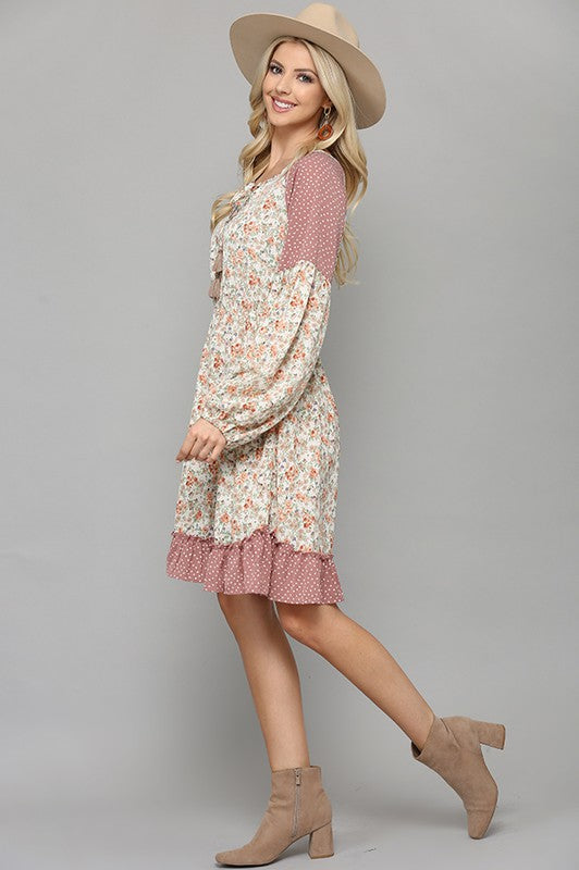 Floral & Dot Ruffle Hem Dress - Size S-2XL