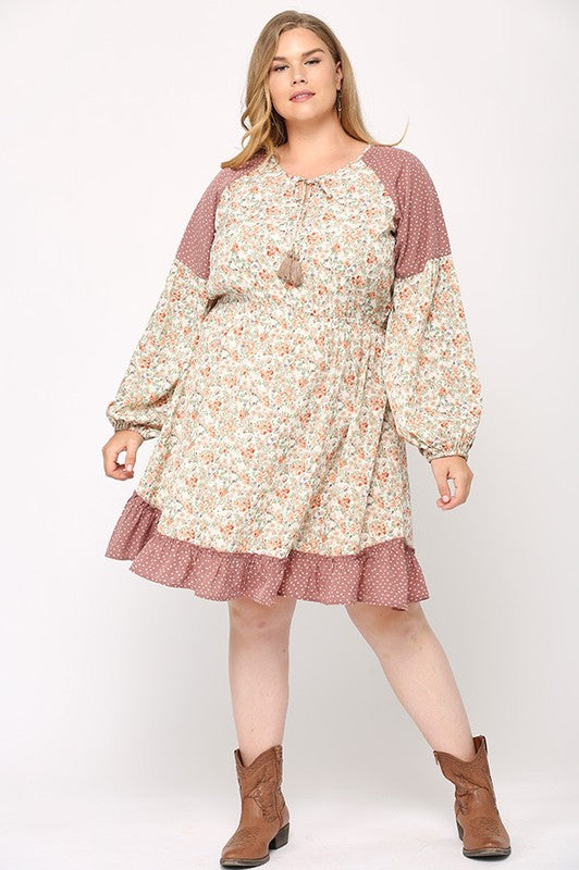 Floral & Dot Ruffle Hem Dress - Size S-2XL