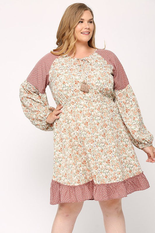 Floral & Dot Ruffle Hem Dress - Size S-2XL