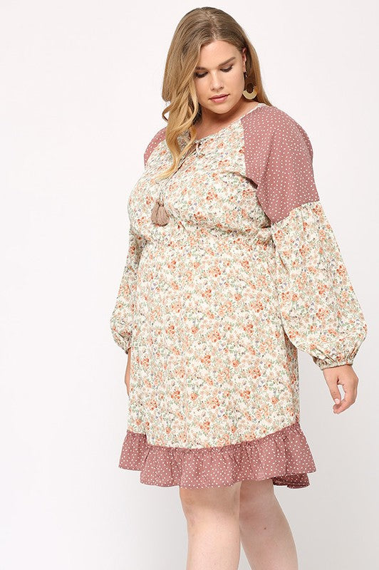 Floral & Dot Ruffle Hem Dress - Size S-2XL