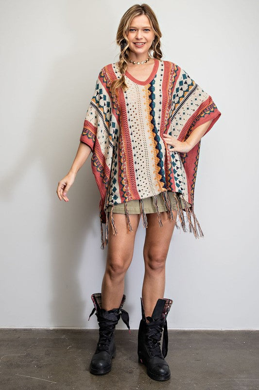 Boho Fringe Poncho Sweater - Dusty Rose