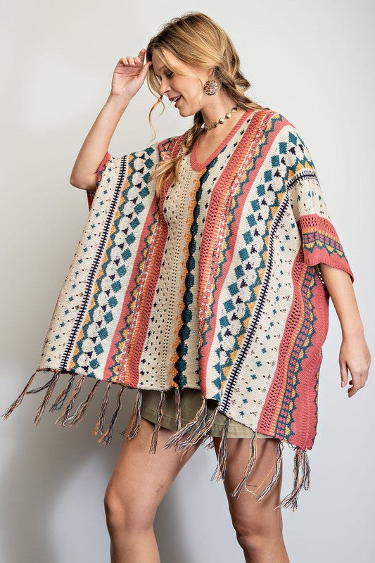 Boho Fringe Poncho Sweater - Dusty Rose