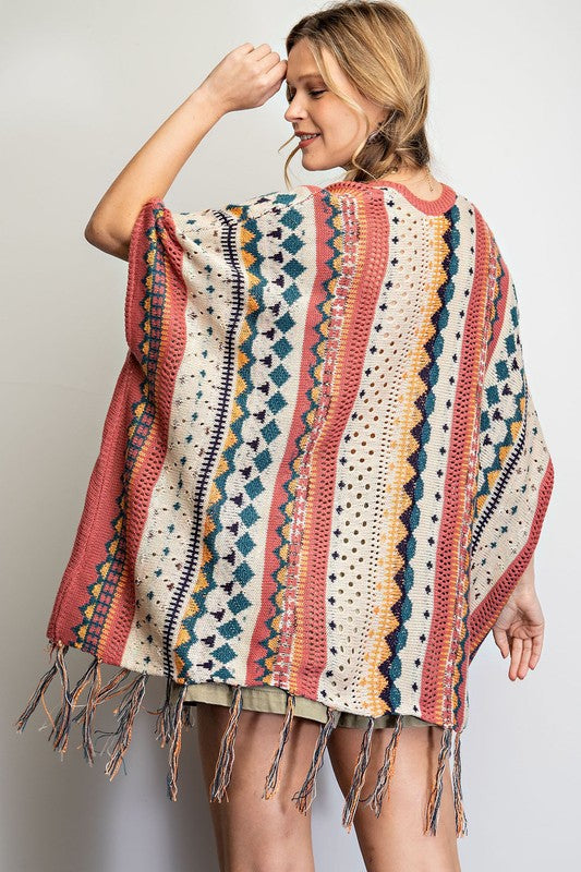 Boho Fringe Poncho Sweater - Dusty Rose