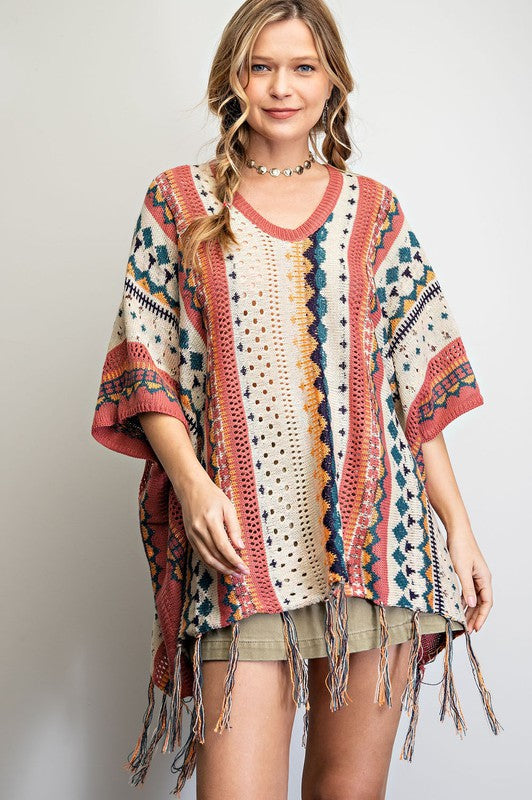 Boho Fringe Poncho Sweater - Dusty Rose