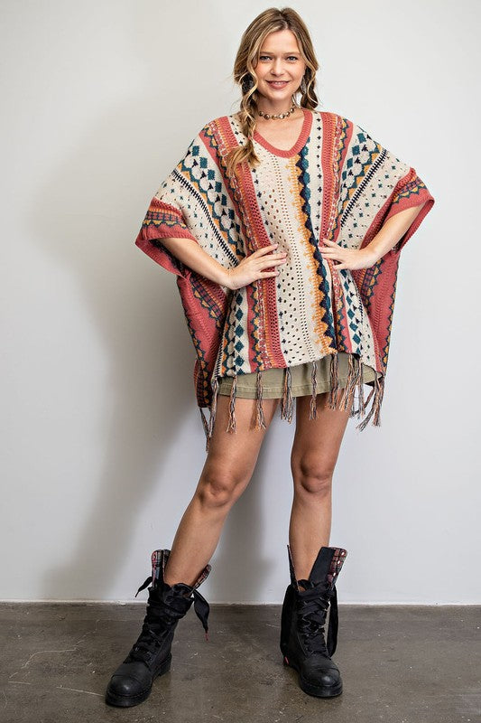 Boho Fringe Poncho Sweater - Dusty Rose