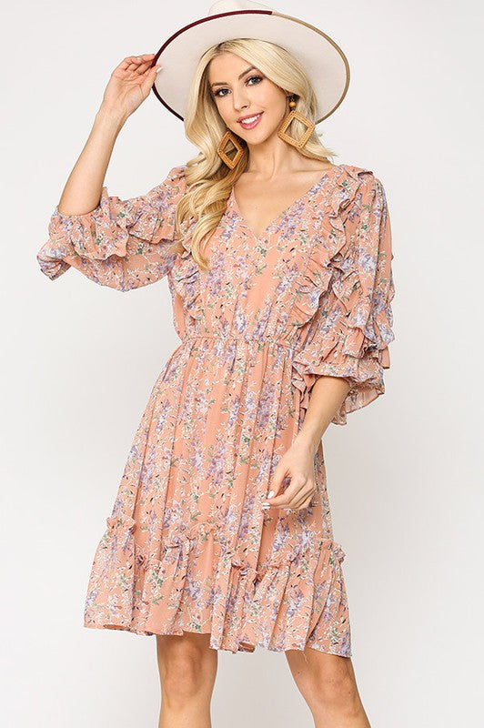 Floral Chiffon Ruffle Dress - Dusty Blush