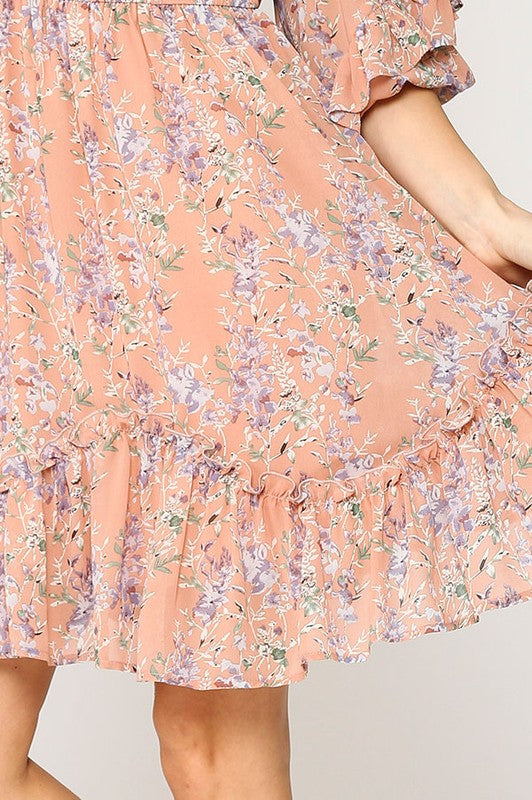 Floral Chiffon Ruffle Dress - Dusty Blush