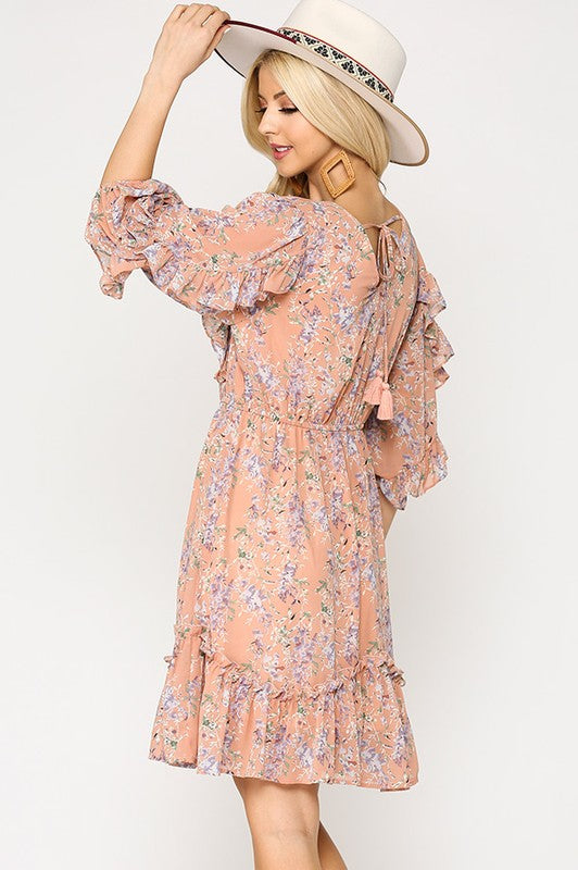 Floral Chiffon Ruffle Dress - Dusty Blush