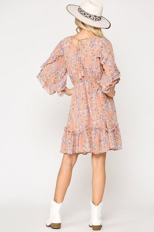 Floral Chiffon Ruffle Dress - Dusty Blush