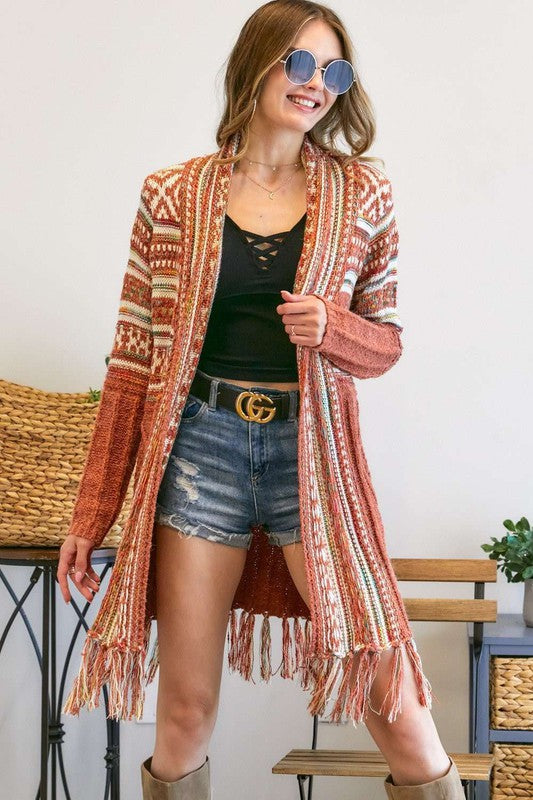 Tribal Aztec Fringe Kimono - Rust