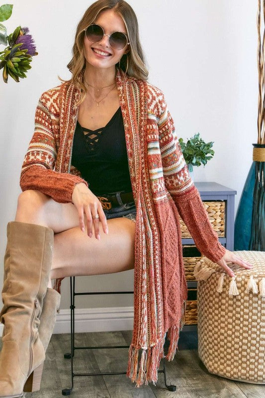 Tribal Aztec Fringe Kimono - Rust