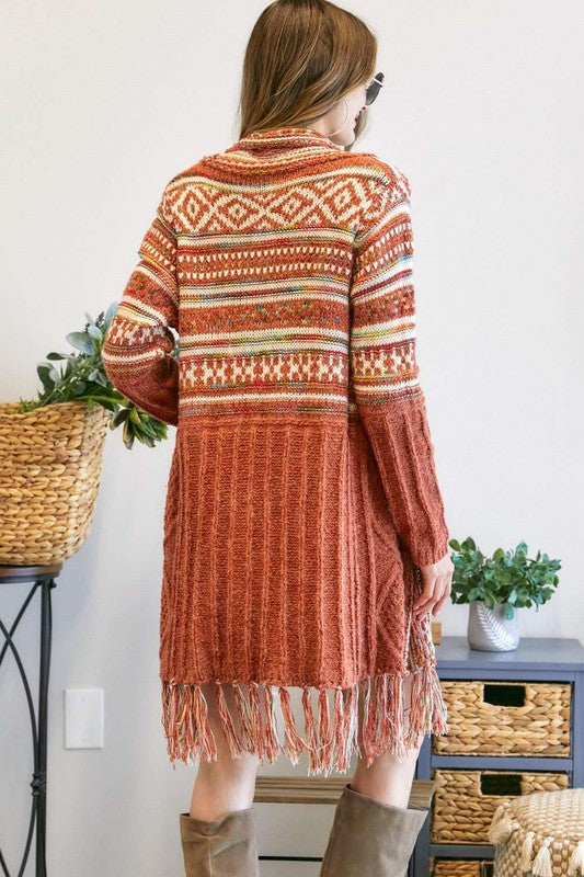 Tribal Aztec Fringe Kimono - Rust