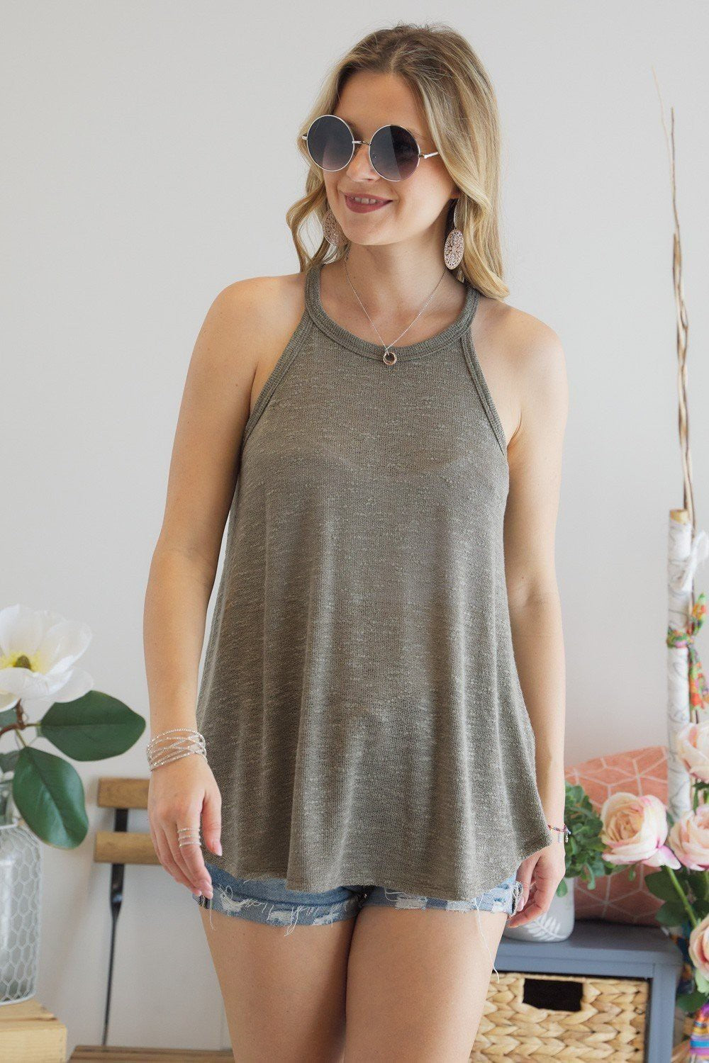 Open Back Sleeveless Top - Olive