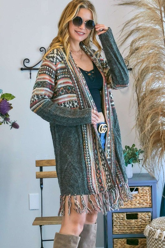Tribal Aztec Fringe Kimono - Olive