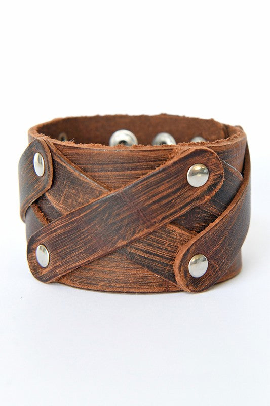Crossed Wide Leather Cuff Bracelet